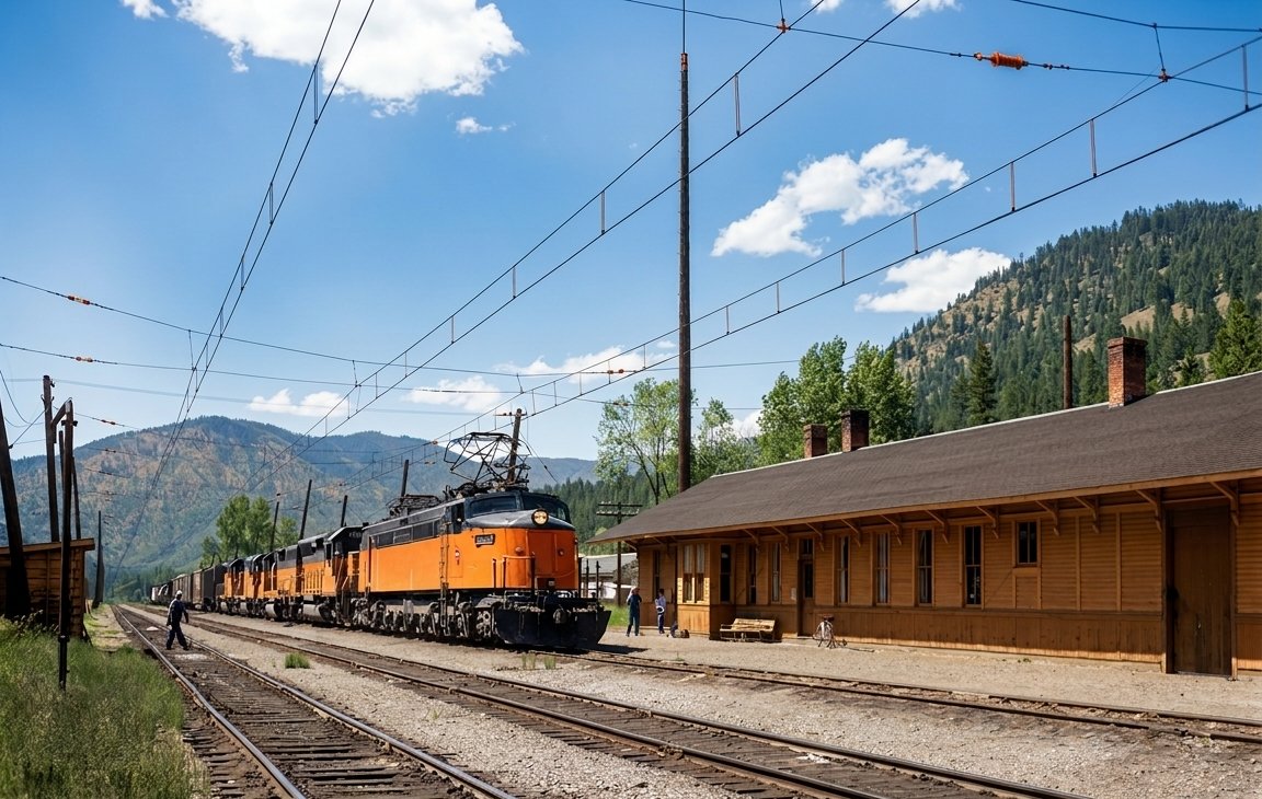 Milwaukee Road electric locomotive at the Alberton, Montana depot that housed the beanery