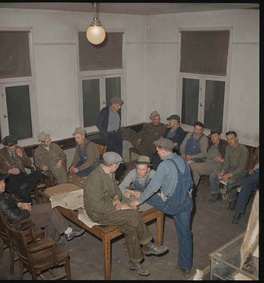 Railroad men in the Harvey House lobby at Seligman, Arizona, 1943